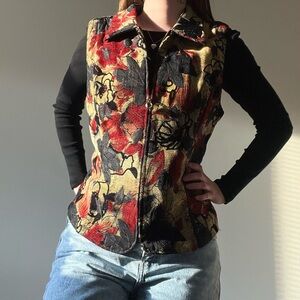 90s Vintage Floral and Leaf Pattern Zip Vest Christopher & Banks Women Medium